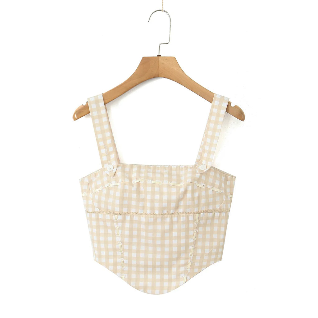 Pink Plaid Crop Top With Slash Collar