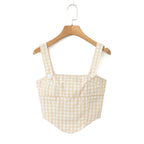Pink Plaid Crop Top With Slash Collar