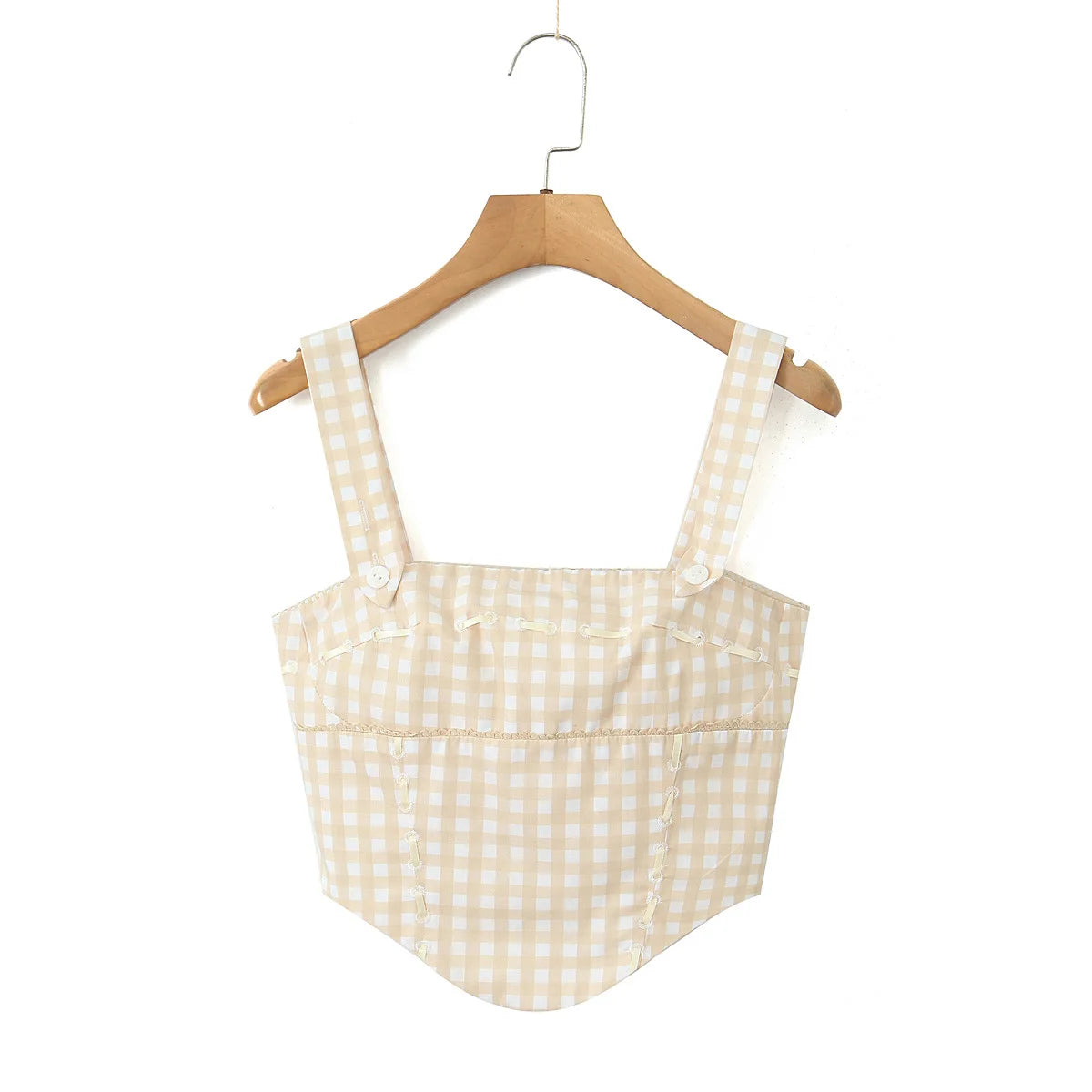 Pink Plaid Crop Top With Slash Collar