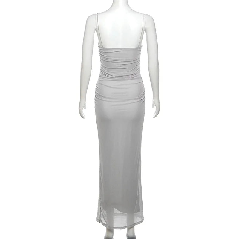 Elegant Maxi Spaghetti Strap Party Dress With Netting Waist-Hugging Fit