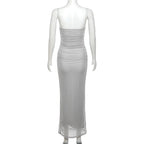 Elegant Maxi Spaghetti Strap Party Dress With Netting Waist-Hugging Fit