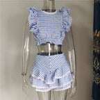 Cotton Plaid Ruffled Top And Shorts Set For Women