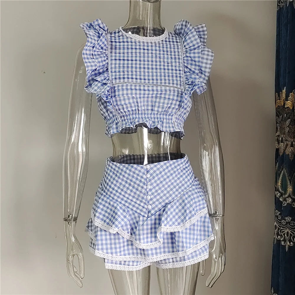 Cotton Plaid Ruffled Top And Shorts Set For Women
