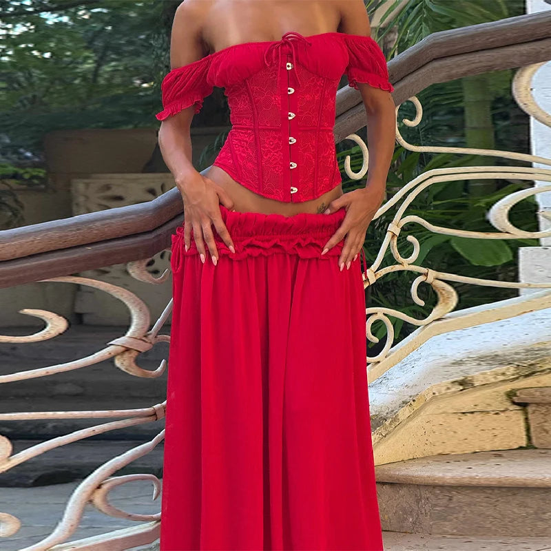 Boho Corset Two Piece Set With Lace Crop Top And Flowy Maxi Skirt