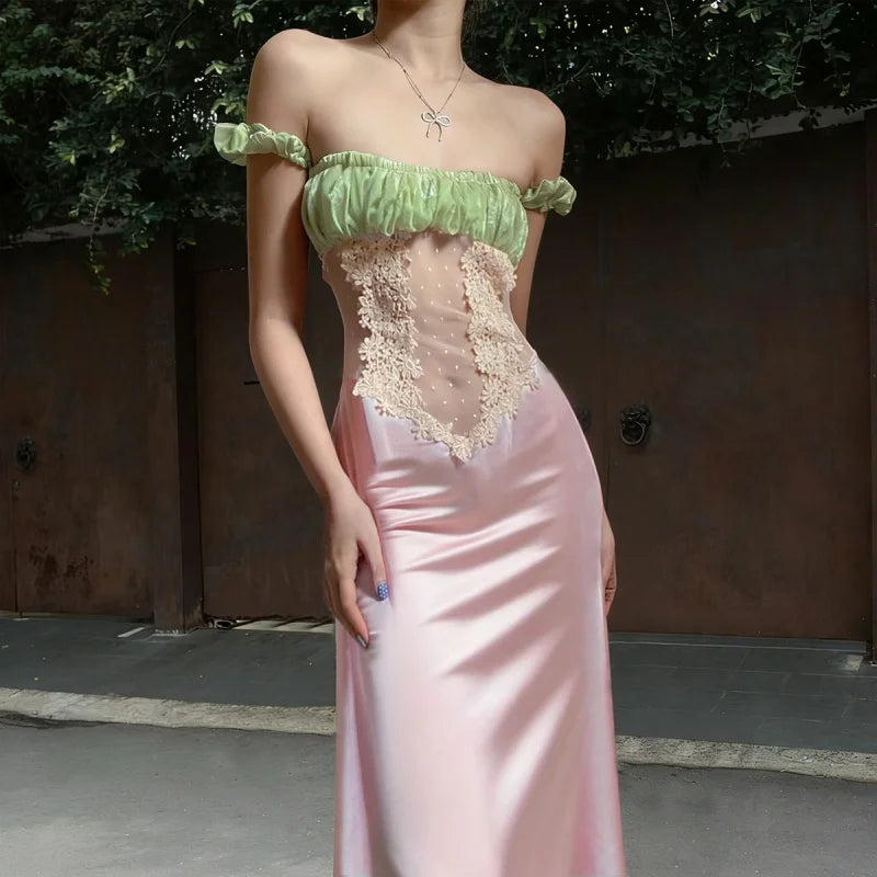 Color Block Off Shoulder Satin Maxi Dress With Lace Mesh Corset Bodice Elegant Evening Gown
