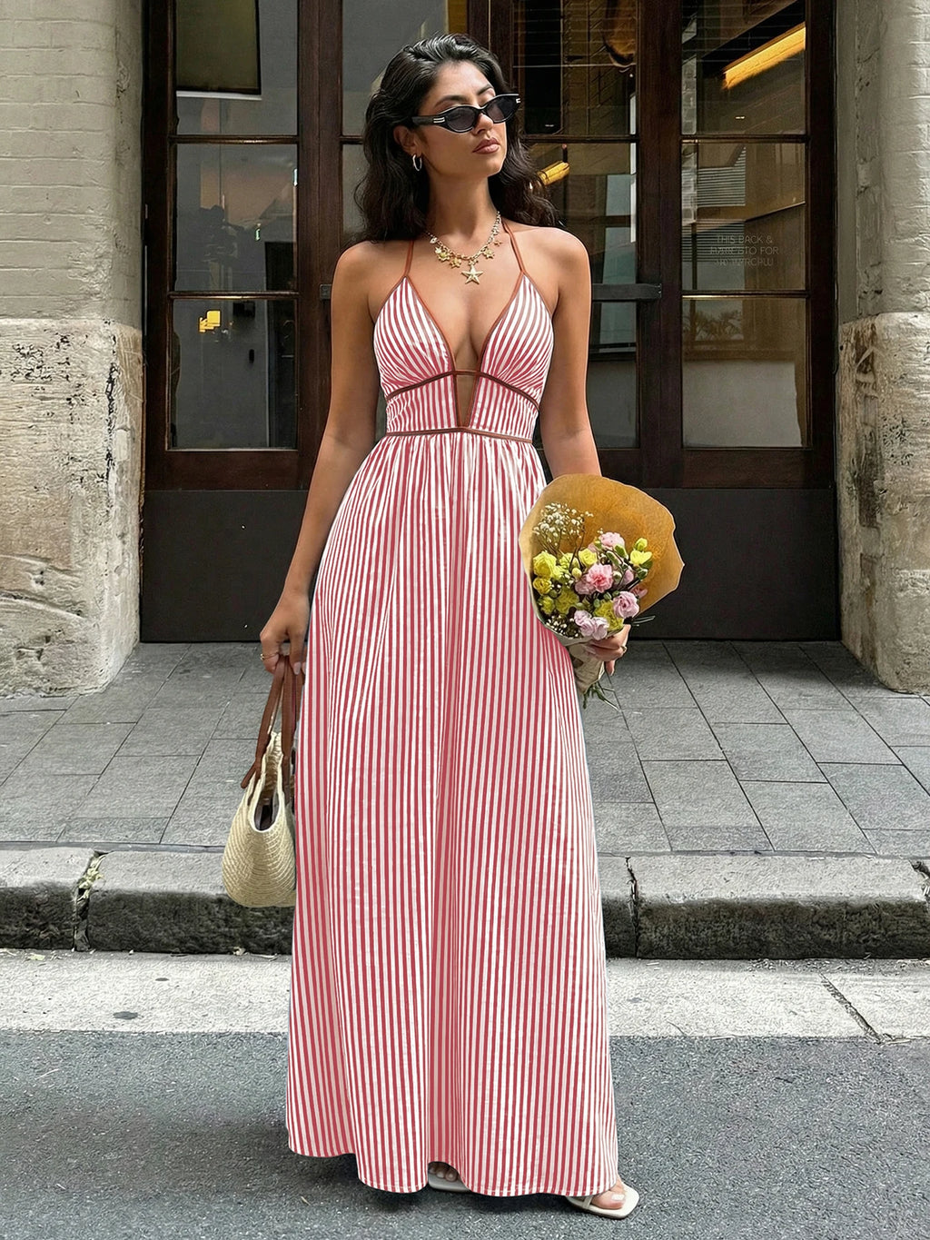 Sea Breeze Striped Deep V Beach Dress With Backless Sleeveless Maxi