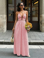 Sea Breeze Striped Deep V Beach Dress With Backless Sleeveless Maxi