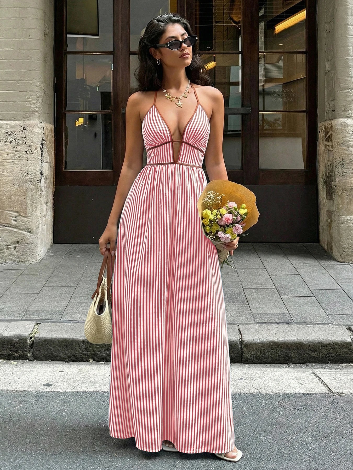 Sea Breeze Striped Deep V Beach Dress With Backless Sleeveless Maxi
