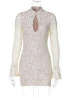 Lace Patchwork Hollow Out Mini Dress With Turtleneck And Long Flare Sleeves