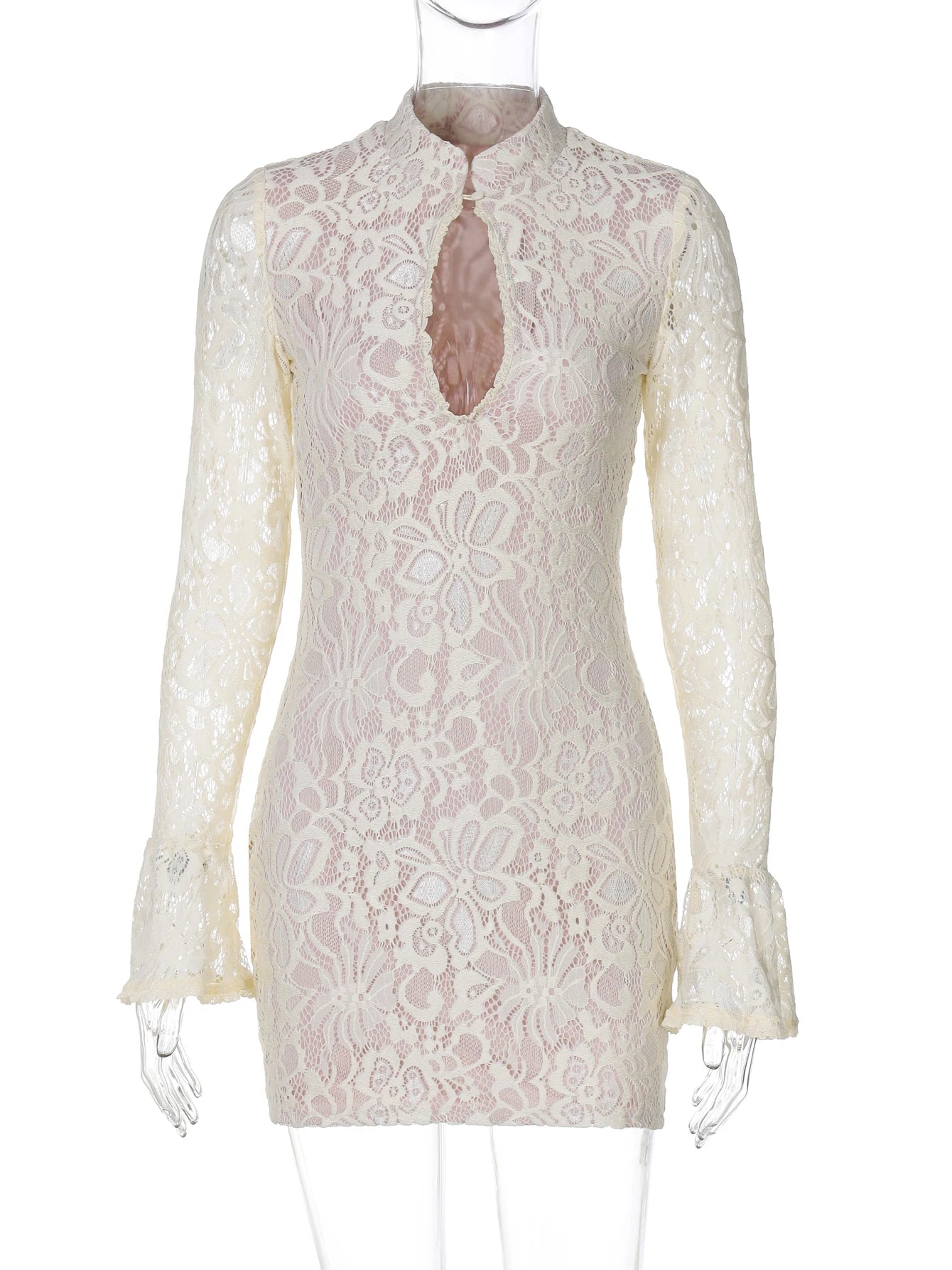 Lace Patchwork Hollow Out Mini Dress With Turtleneck And Long Flare Sleeves