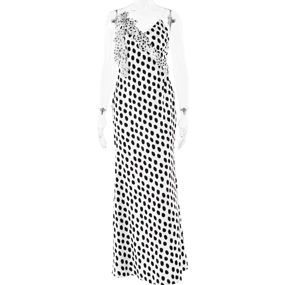 Backless Dot Print Floral Maxi With Spaghetti Straps
