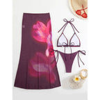 Flowers Printed With Skirt Halter Bikini Three-pieces Bikini set