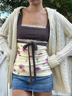 Patchwork Polka Dot Lace Camis Top With Square Collar Floral