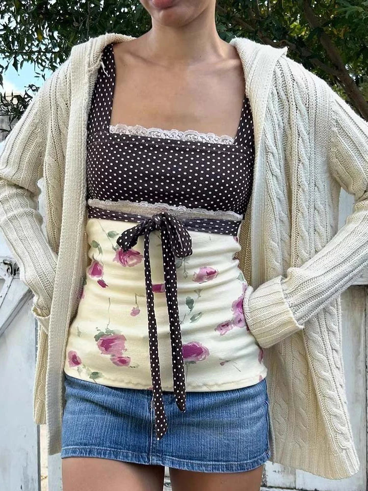 Patchwork Polka Dot Lace Camis Top With Square Collar Floral