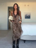 Leopard Print Maxi Dress With Lace Trim And Spaghetti Straps