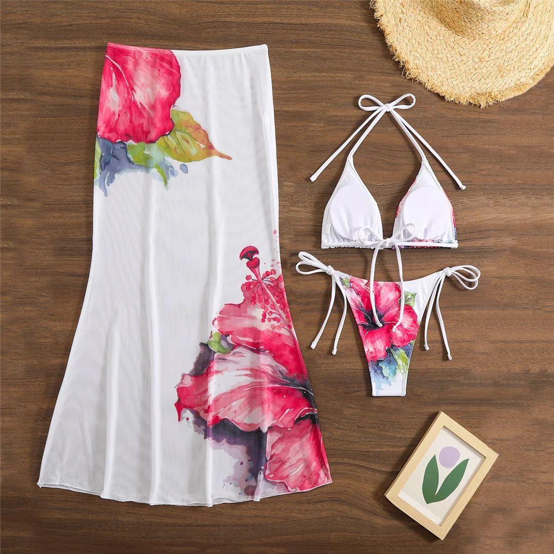 Flowers Printed With Skirt Halter Bikini Three-pieces Bikini set