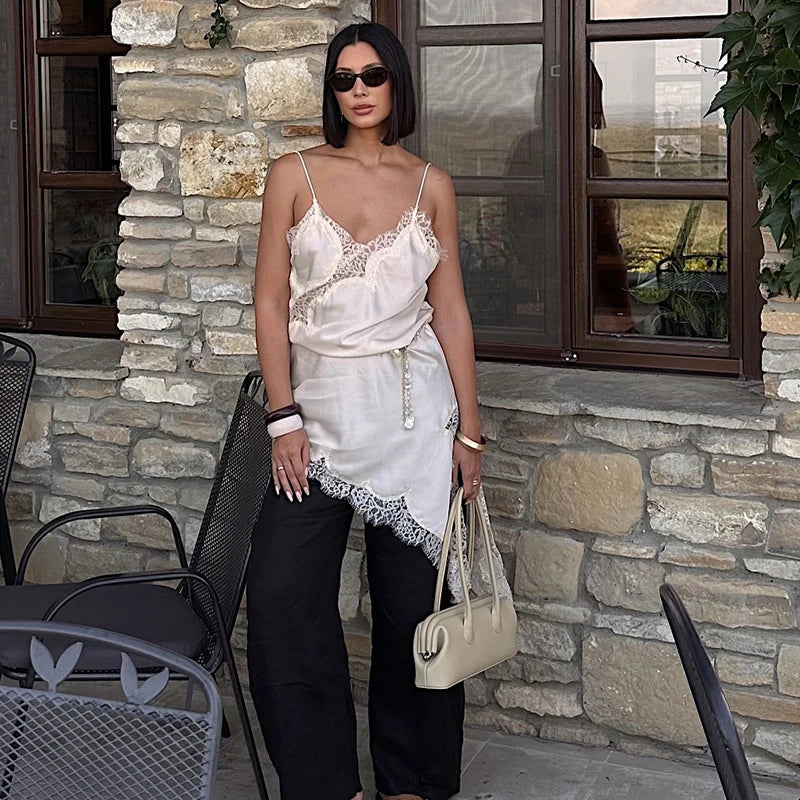 Satin Elegant Backless Lace Slip Dress