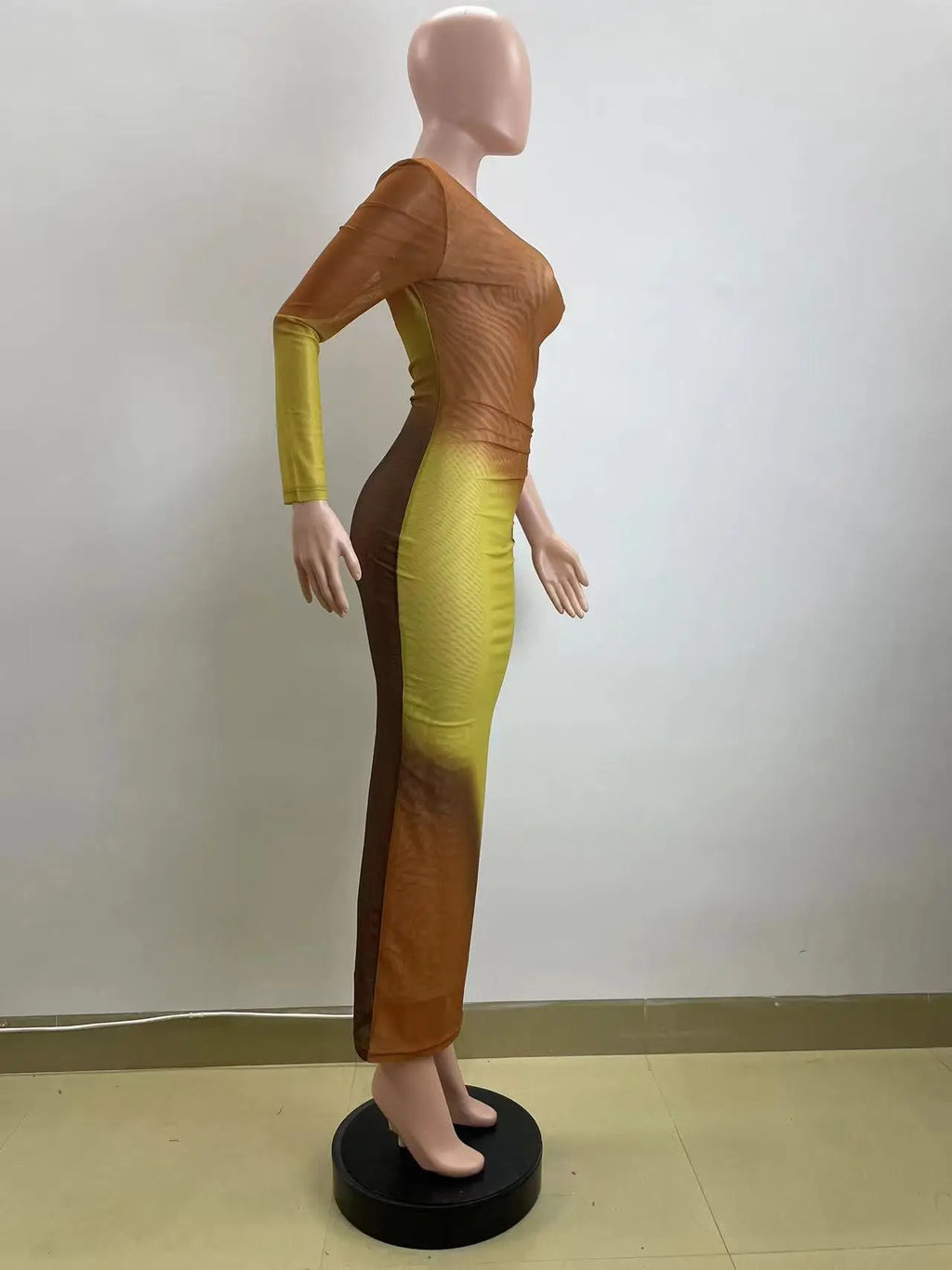 Long Maxi Dress With Skew Collar Full Sleeves Mesh See Through