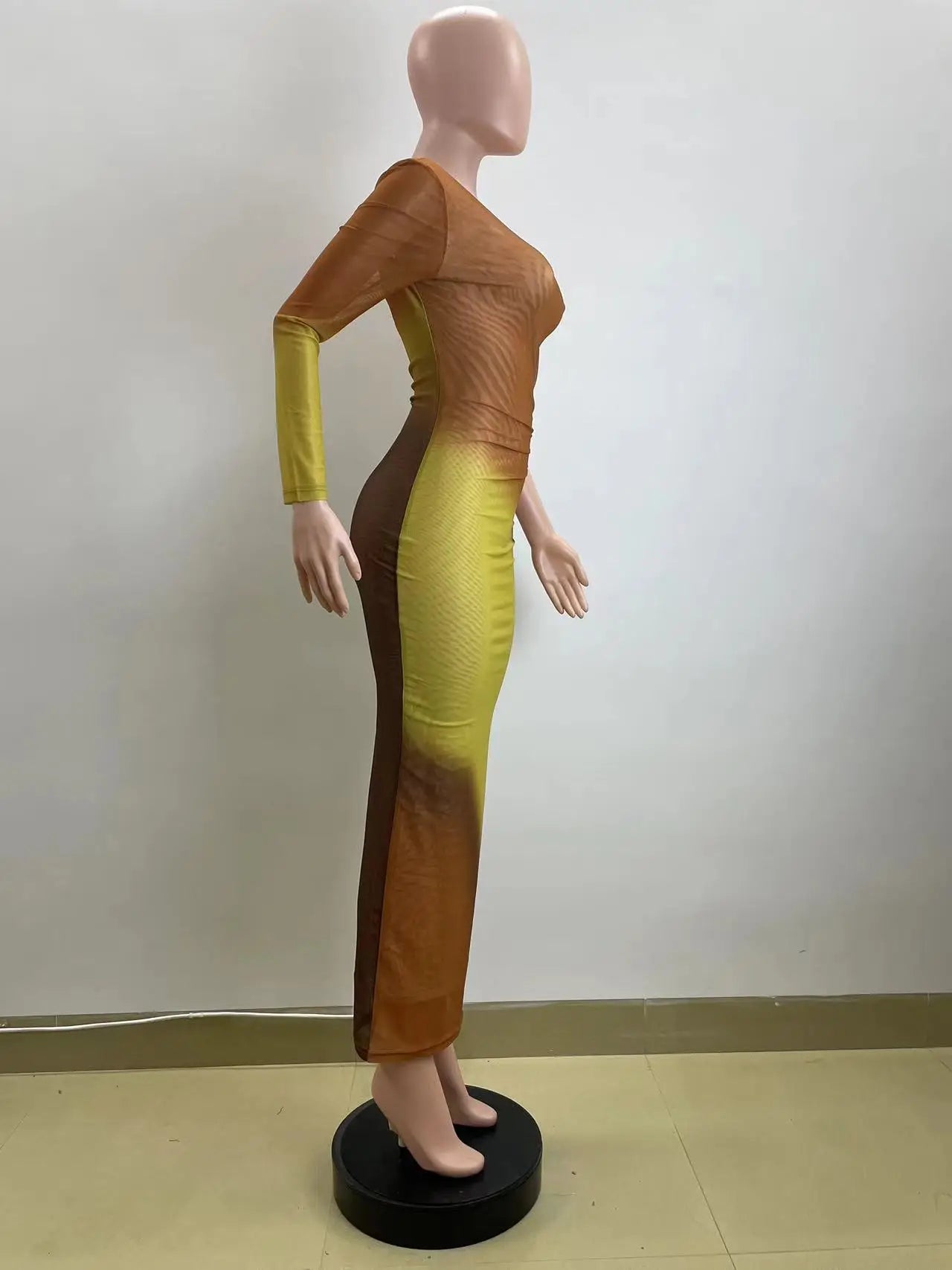 Long Maxi Dress With Skew Collar Full Sleeves Mesh See Through