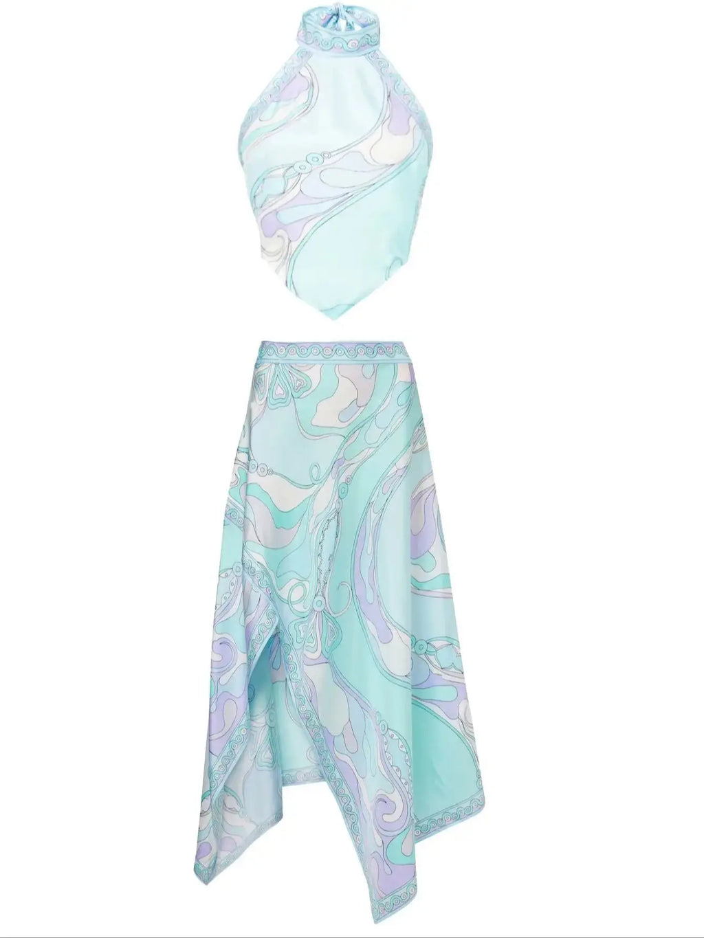 Print Two Piece Beach Set With Sexy Halter Top And High Waist A Line Skirt