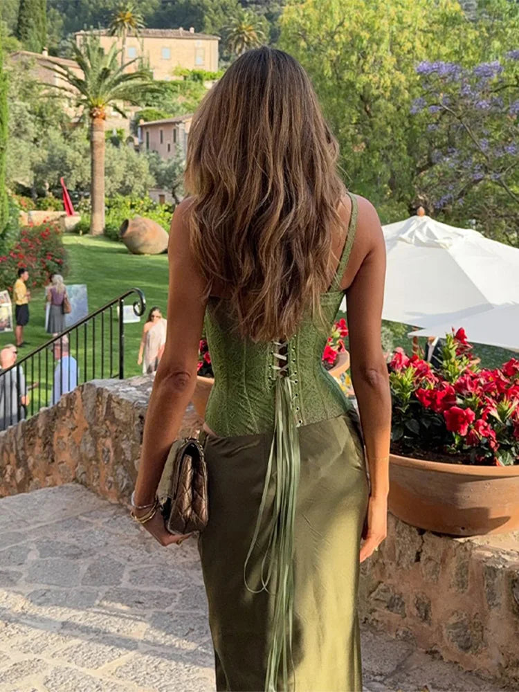 Two Piece Lace Up Top V Neck Sleeveless And A Line Skirt Set
