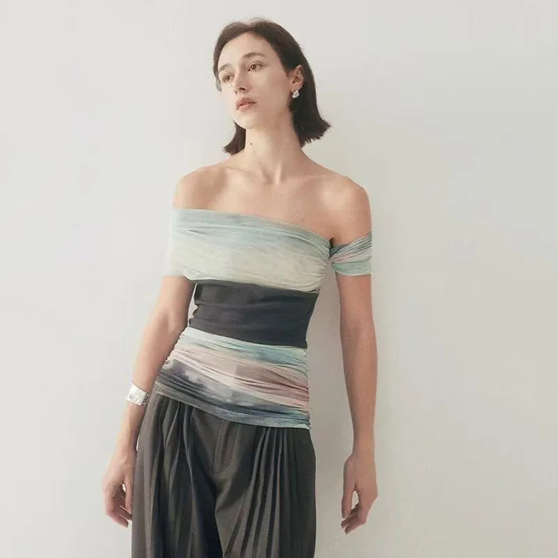 Bold Tie Dye Mesh Crop Top With Slash Neck And Patchwork
