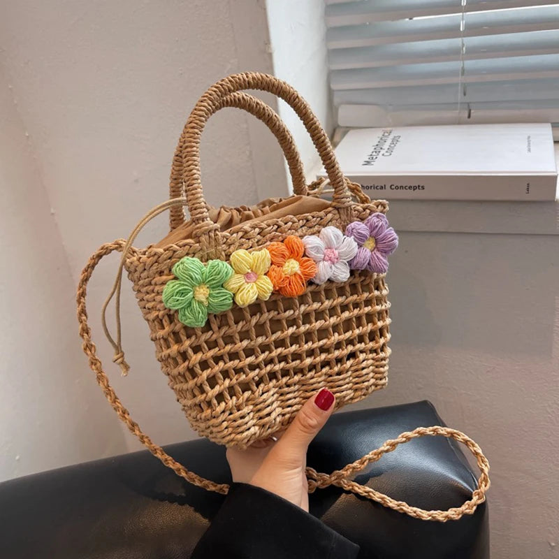 Straw Woven Shoulder Bag With Floral Details