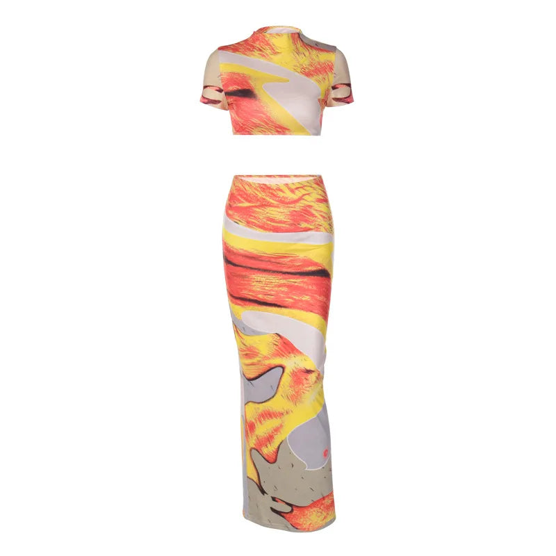Beach Print Set With Crop Top And Long Dress