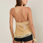 Boho Halter Top With Fringe Trim Backless Tie Back Floral Print