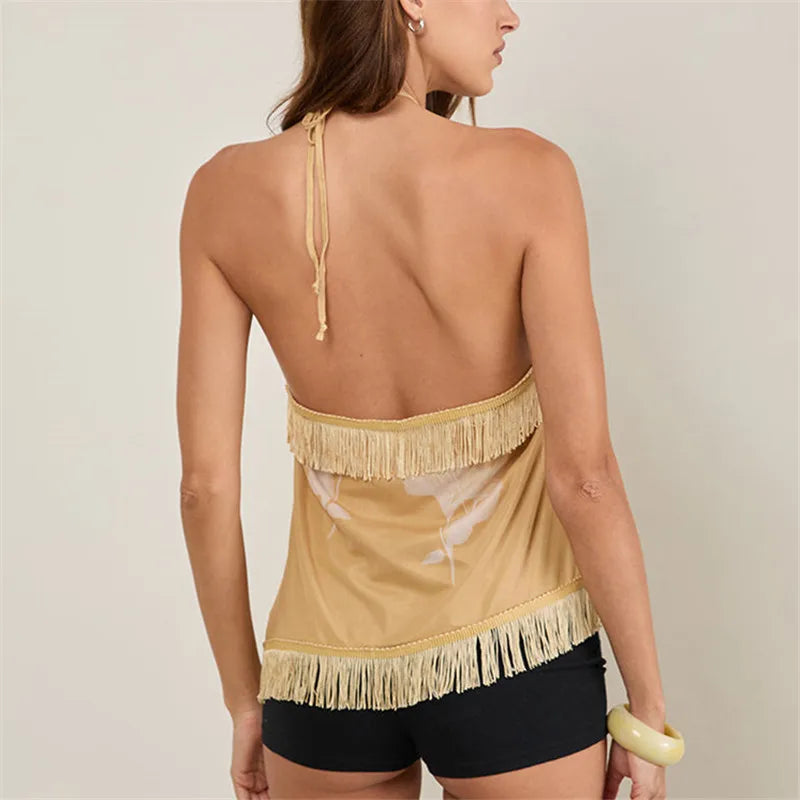 Boho Halter Top With Fringe Trim Backless Tie Back Floral Print