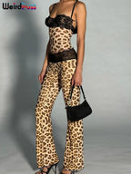 Patchwork Mesh Set With Leopard Print Skinny Pants Sexy Sleeveless Crop Top Street Style