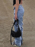 High Waist Denim Pants With Tassel Details And Spliced Panels Straight Leg Jeans