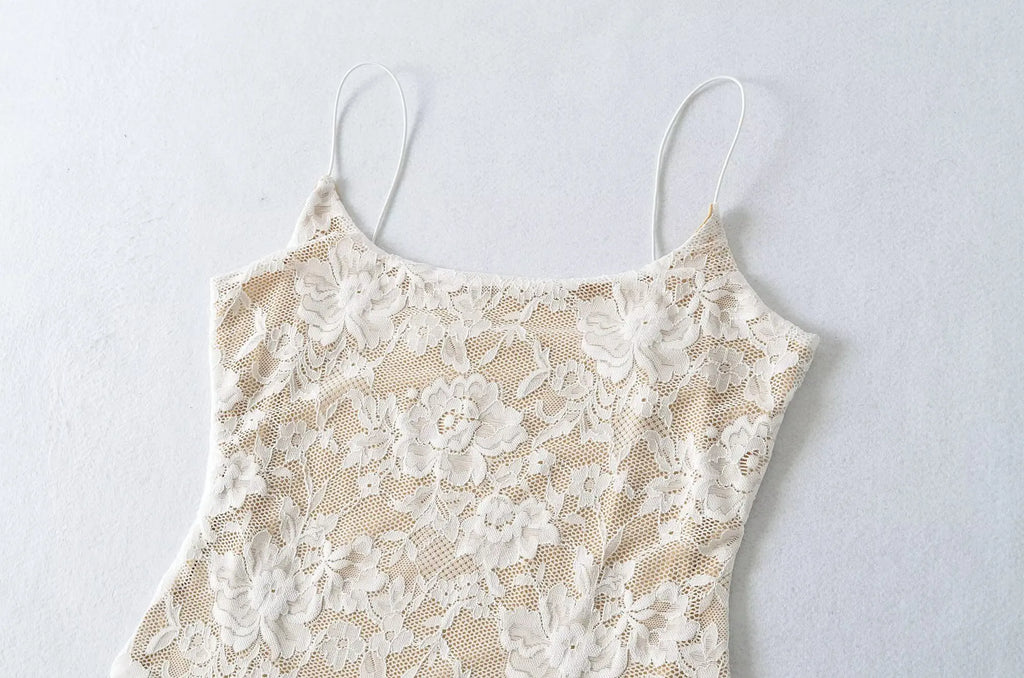 Sexy Lace See Through Bodysuit With Lining Elastic Spaghetti Straps Slim Fit