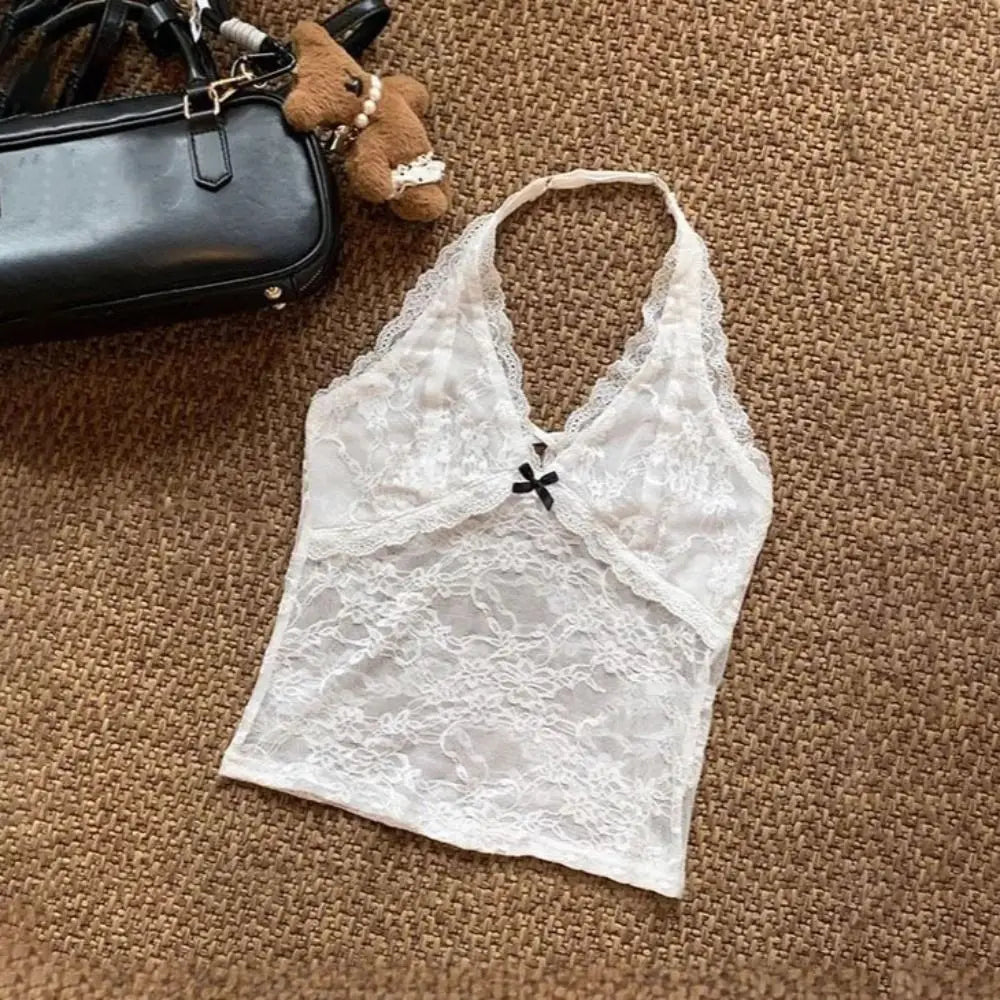 Mesh Lace Halter Vest Floral Camisole With Lace Up Detail