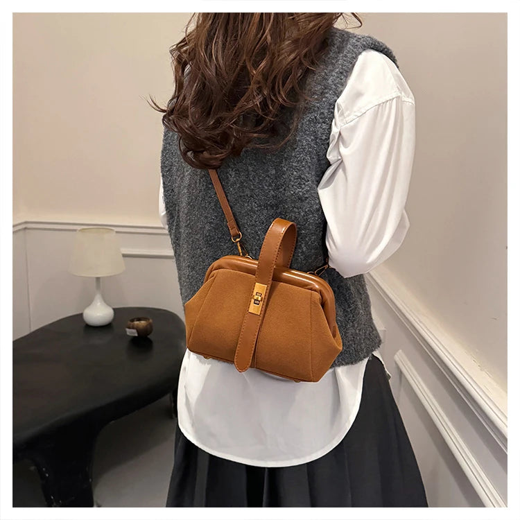Luxe Faux Suede Frame Shoulder Bag With PU Accent Elegant Crossbody