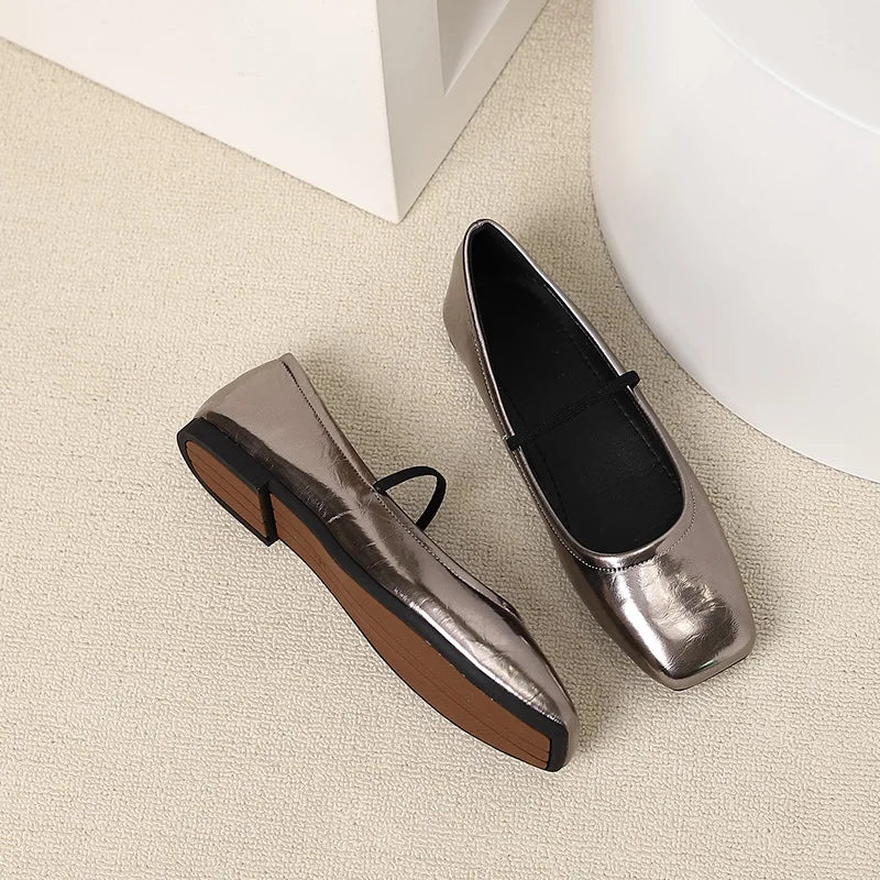 Metallic Square-Toe Mary Janes Slip-On Flats