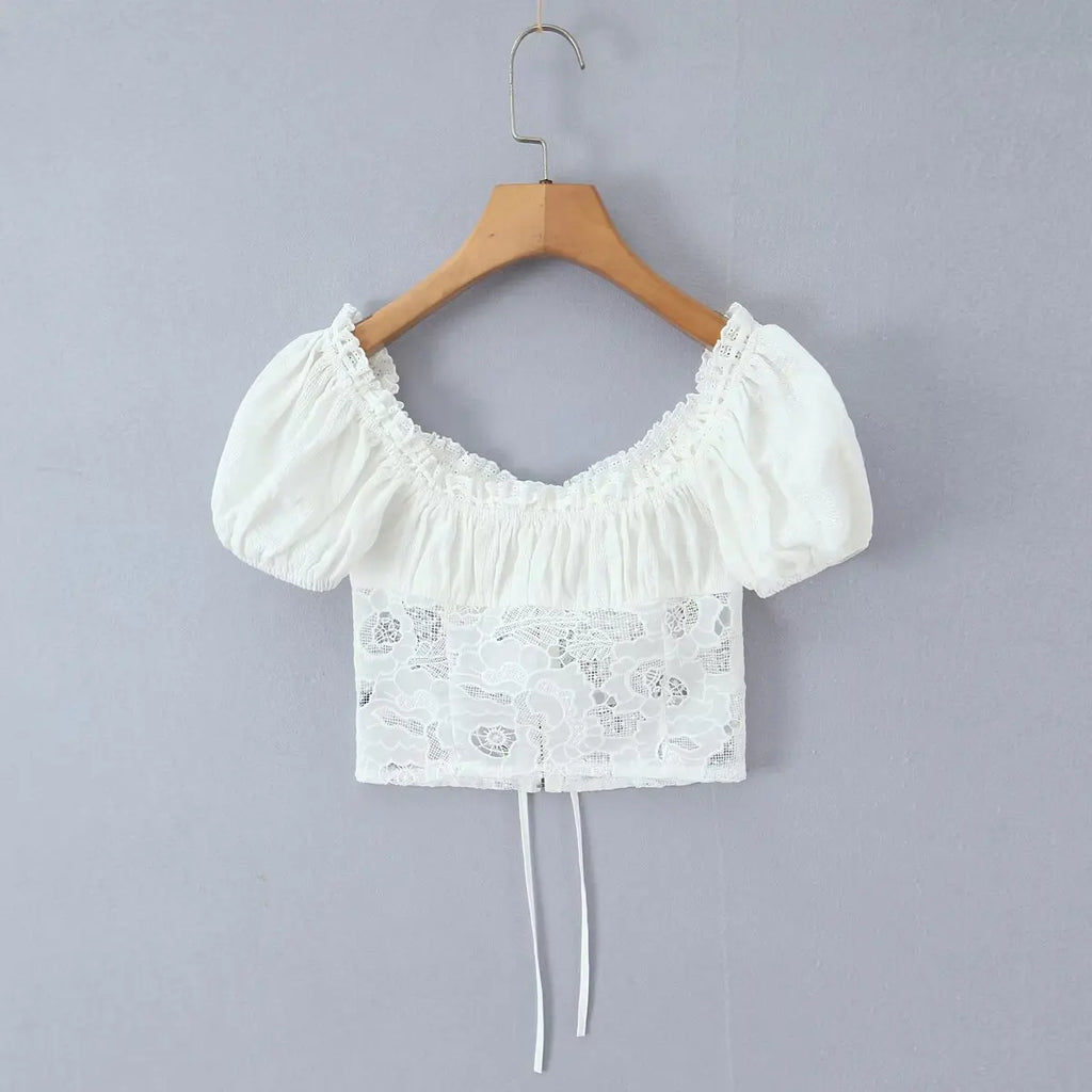 Romantic Lace Patchwork Off Shoulder Puff Sleeve Crop Top