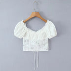 Romantic Lace Patchwork Off Shoulder Puff Sleeve Crop Top