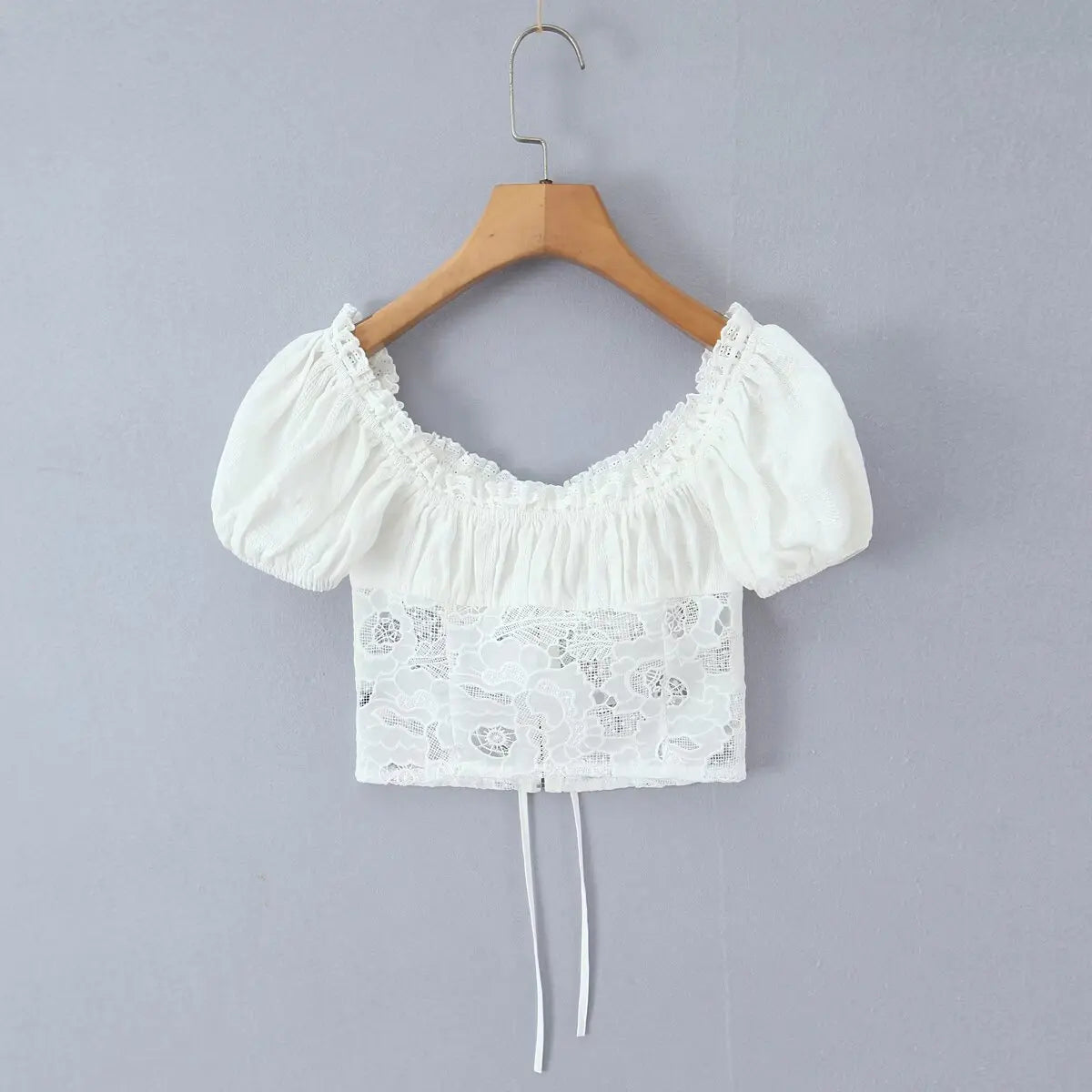 Romantic Lace Patchwork Off Shoulder Puff Sleeve Crop Top