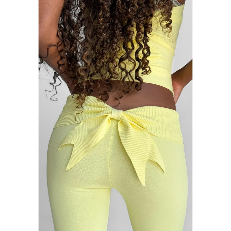 Boutique Knit Flared Pants With Elastic Waist And Back Bow Detail Slim Fit Trousers
