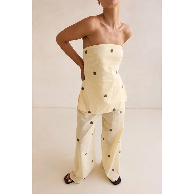 Polka Dot Print Outfits Set Smocked Backless Strapless Tube Tops+Elastic High Waist Wide Leg Pants