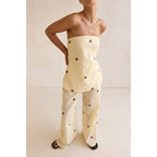 Polka Dot Print Outfits Set Smocked Backless Strapless Tube Tops+Elastic High Waist Wide Leg Pants