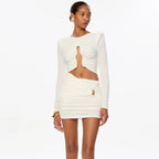 Hollow Out O Neck Long Sleeves Sheath Dress With Hip Wrap Mini