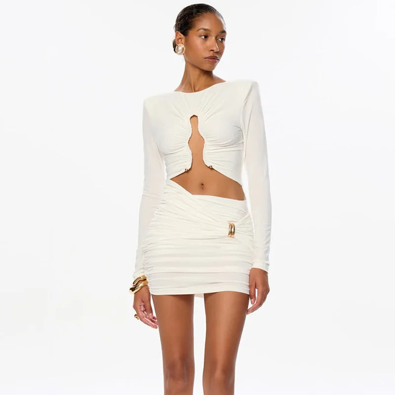Hollow Out O Neck Long Sleeves Sheath Dress With Hip Wrap Mini