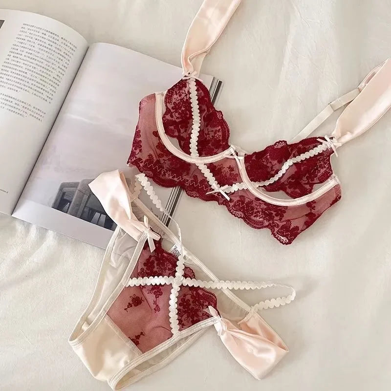 Sexy Lace Push Up Bra And Panty Set Featuring Semi Sheer Floral Design With Ring Embellishment