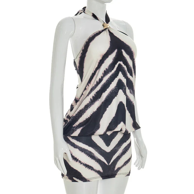 Zebra Print Halter Backless Mini Dress For Nightlife Chic