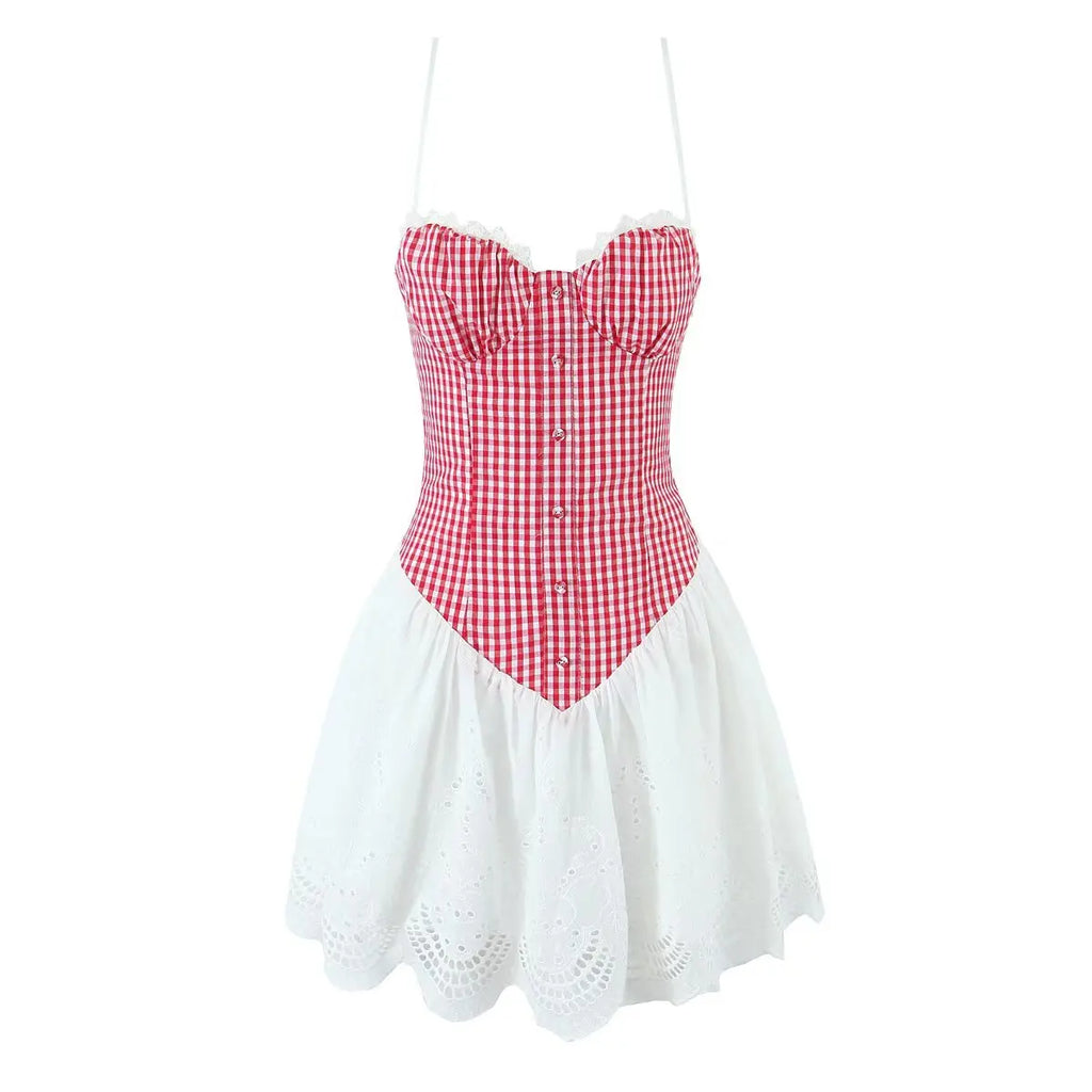 Sexy Women Plaid Spliced Sling Mini Summer Dress Lacing Up Bandage Back A-line Cotton Dress
