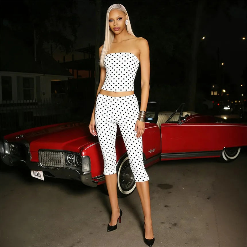 Vintage Polka Dot Two Piece Set Strapless Tube Top And Capri Pants