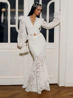 Delicate Lace V-Neck Peplum Top With Flare Sleeves And High Waist Mermaid Hem Elegant Evening Set