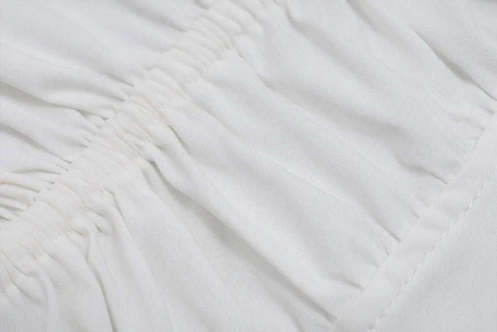 Sexy Deep V Neck Ruched White Crop Top With Ruffles And Lace Up Short Sleeves